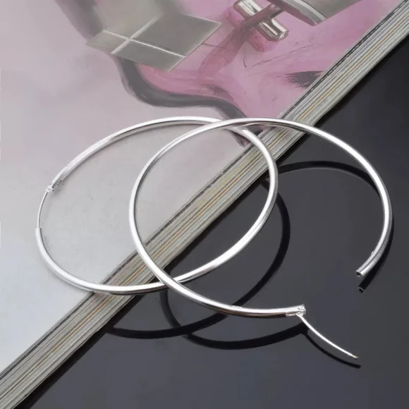 NEW Classic Large Circular 925 Silver Polished Hoop Earrings - Picture 8 of 13